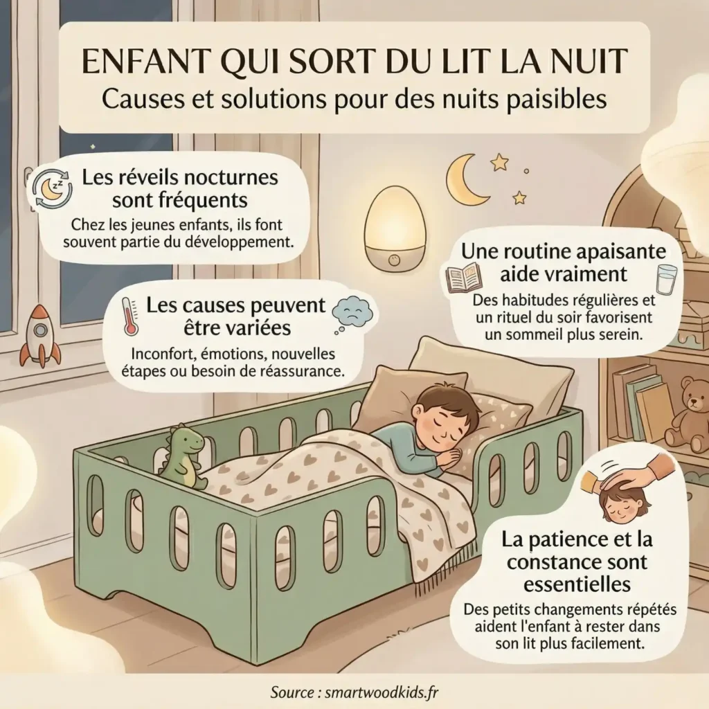 Infographie sur l'enfant qui sort du lit la nuit – causes des réveils nocturnes et solutions pour des nuits paisibles avec routine calme et patience