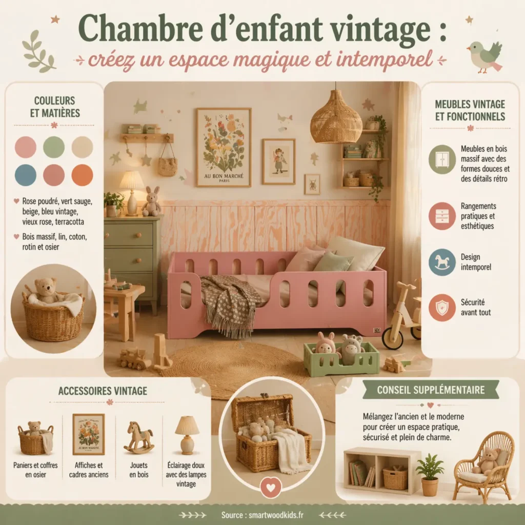Infographie Smartwood - chambre d'enfant vintage : palette pastel, meubles en bois massif rétro, accessoires en osier et textiles naturels pour un espace intemporel et chaleureux.