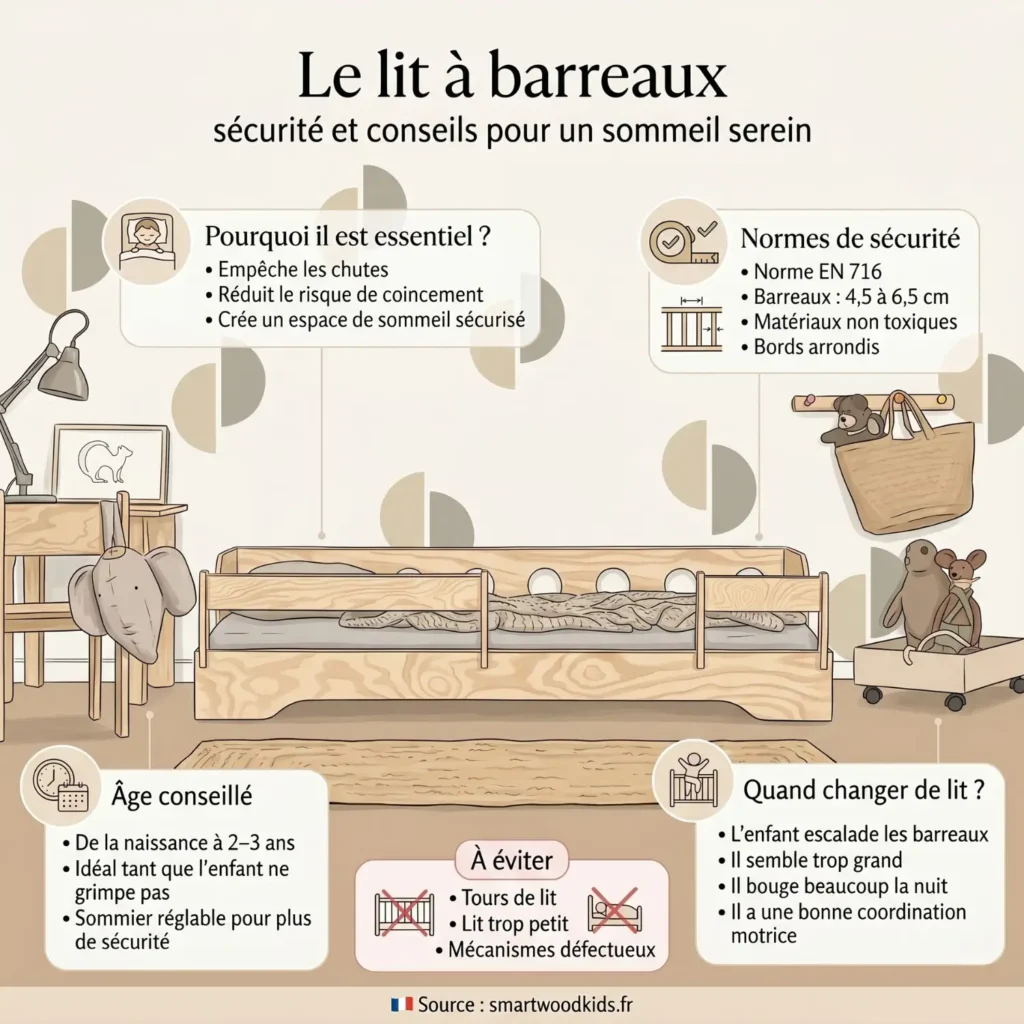 Infographie sur le lit à barreaux - pourquoi il est essentiel, normes EN 716, âge conseillé de la naissance à 2-3 ans et quand changer de lit