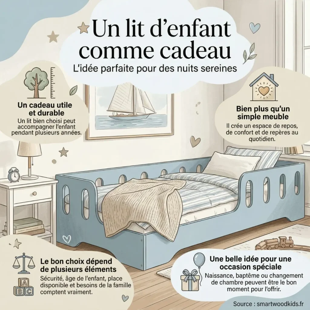 Infographie sur le lit d'enfant comme cadeau – un cadeau utile et durable qui crée un espace de repos et de repères pour l'enfant