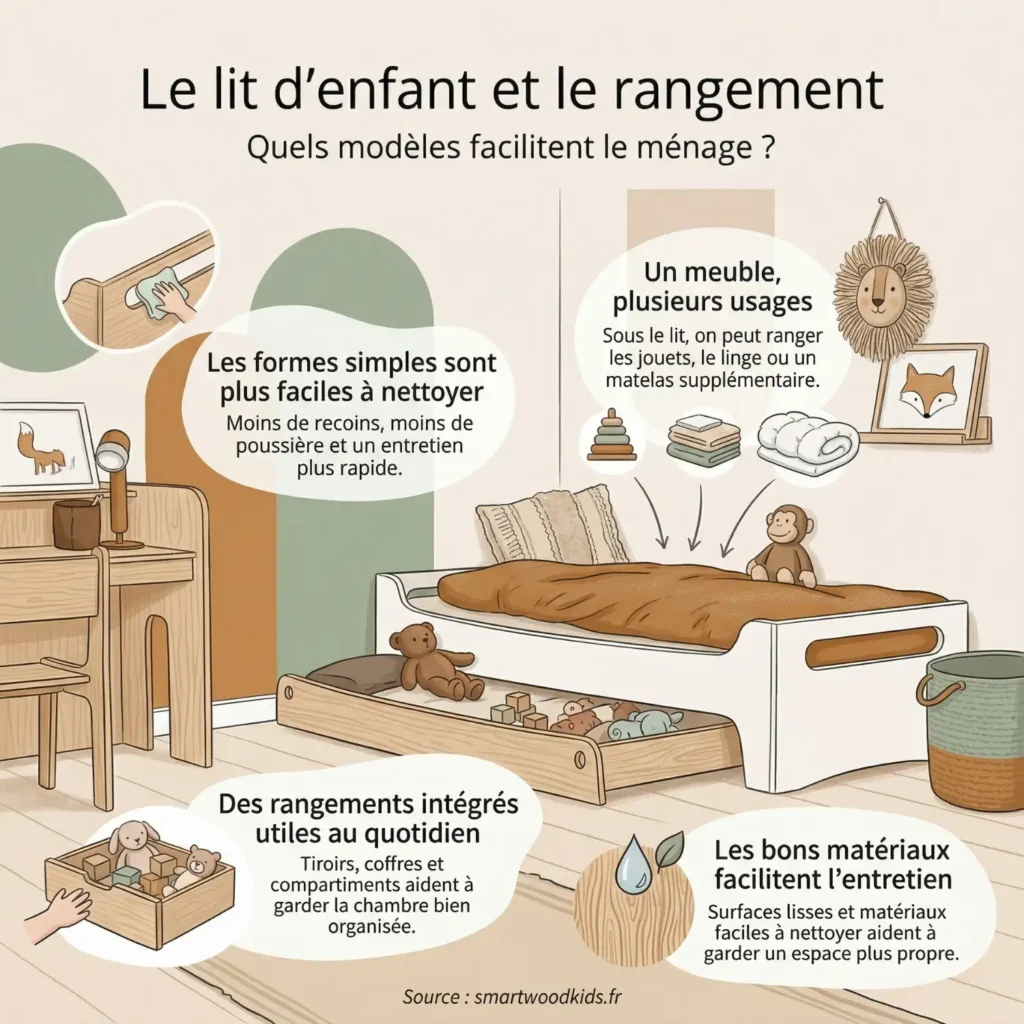 Infographie lit d'enfant et rangement – rangements intégrés, formes simples, un meuble plusieurs usages et bons matériaux pour l'entretien