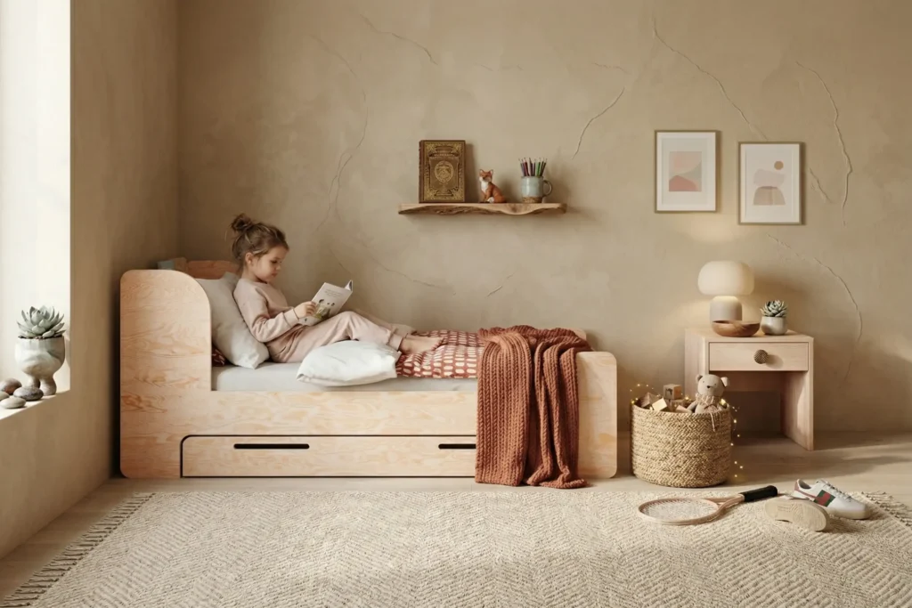 Chambre enfant avec un lit FLOU D en bois naturel avec tiroir – petite fille lisant un livre confortablement installée dans son lit en contreplaqué de pin