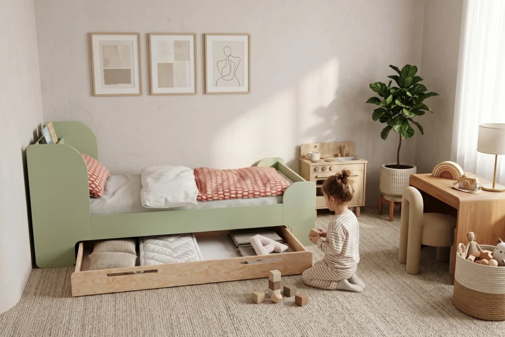 Lit enfant Smartwood FLOU D en bois vert pastel avec tiroir de rangement dans une chambre lumineuse - petite fille en pyjama jouant avec des cubes en bois à côté du lit, solution pratique offrant un rangement supplémentaire, idéale comme premier grand lit.