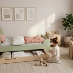 Lit enfant Smartwood FLOU D en bois vert pastel avec tiroir de rangement dans une chambre lumineuse - petite fille en pyjama jouant avec des cubes en bois à côté du lit, solution pratique offrant un rangement supplémentaire, idéale comme premier grand lit.