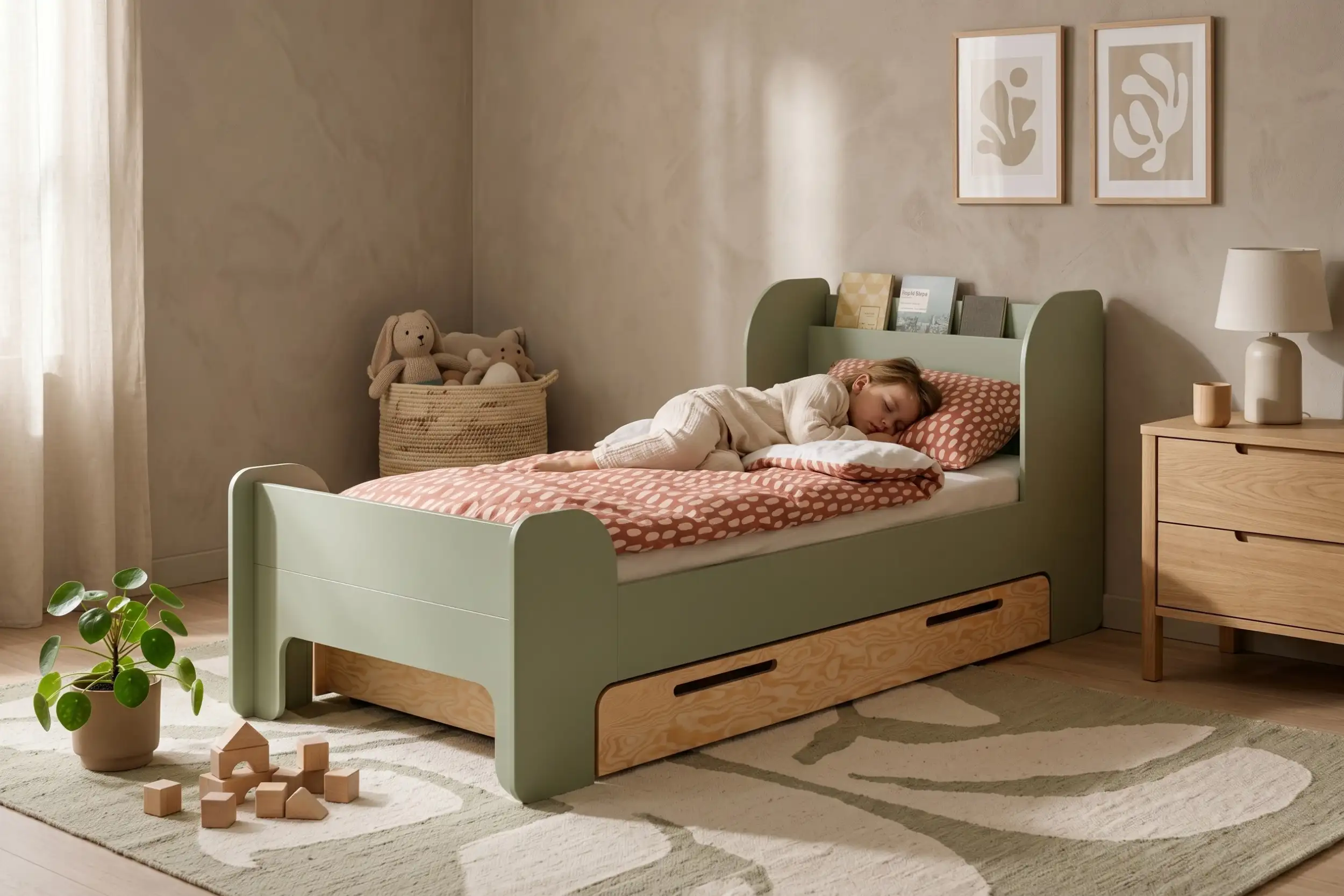 Chambre enfant avec un lit FLOU D vert avec tiroir et étagère intégrée – enfant dormant paisiblement dans un intérieur aux matériaux naturels