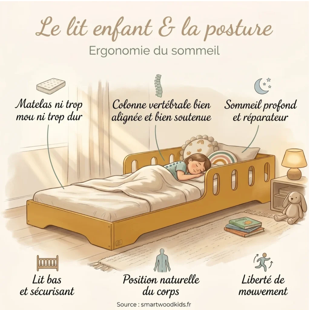 Infographie Smartwood sur le lit enfant et la posture - colonne vertébrale bien alignée, matelas adapté, lit bas et sécurisant ainsi que position naturelle du corps pour un sommeil profond et réparateur.