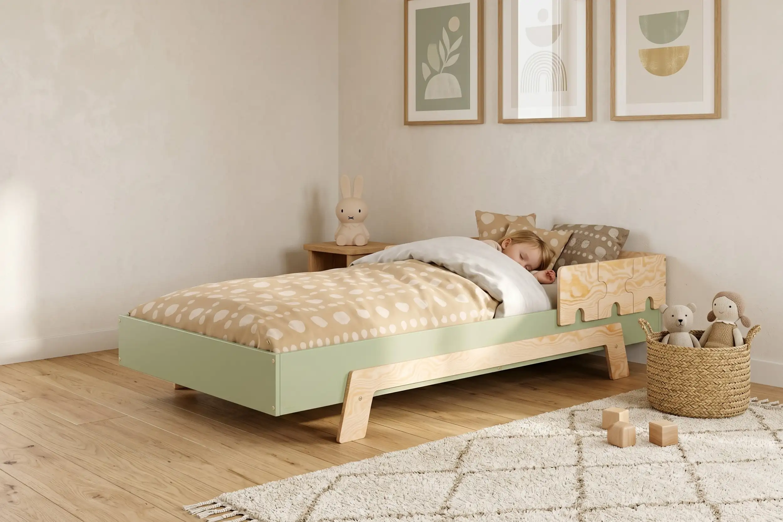 Lit enfant Smartwood PUZZLE BR1 en bois vert avec barrière dans une chambre lumineuse - petite fille endormie, toucher chaleureux et naturel du bois.