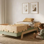 Lit enfant Smartwood PUZZLE BR2 en bois vert et naturel avec barrières - petit garçon jouant avec des cubes en bois à côté du lit.