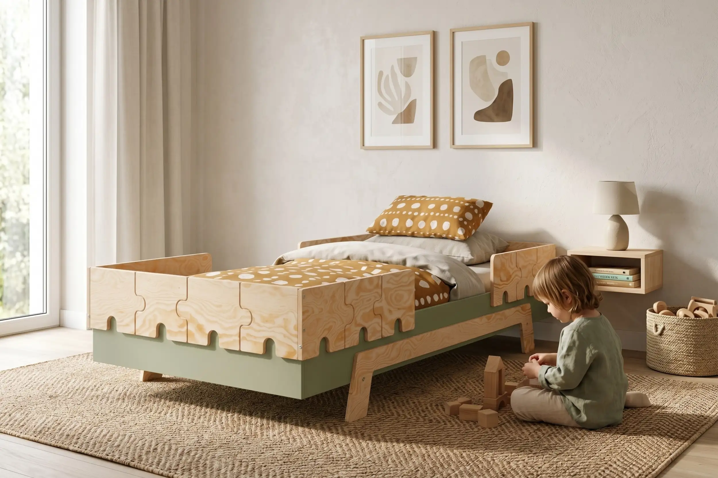 Lit enfant Smartwood PUZZLE BR2 en bois vert et naturel avec barrières - petit garçon jouant avec des cubes en bois à côté du lit.
