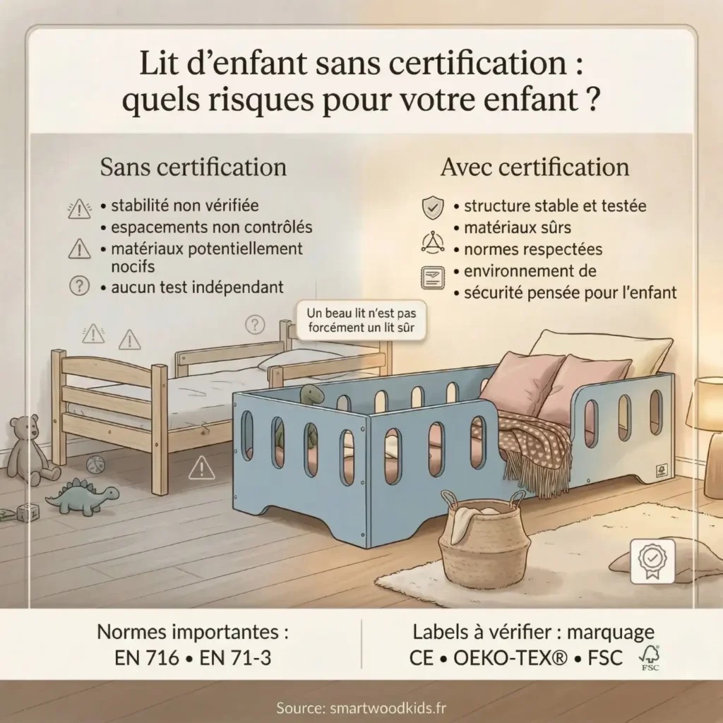  Infographie sur les risques d'un lit enfant sans certification – comparaison entre un lit non certifié et un lit aux normes avec labels CE, FSC et Oeko-Tex
