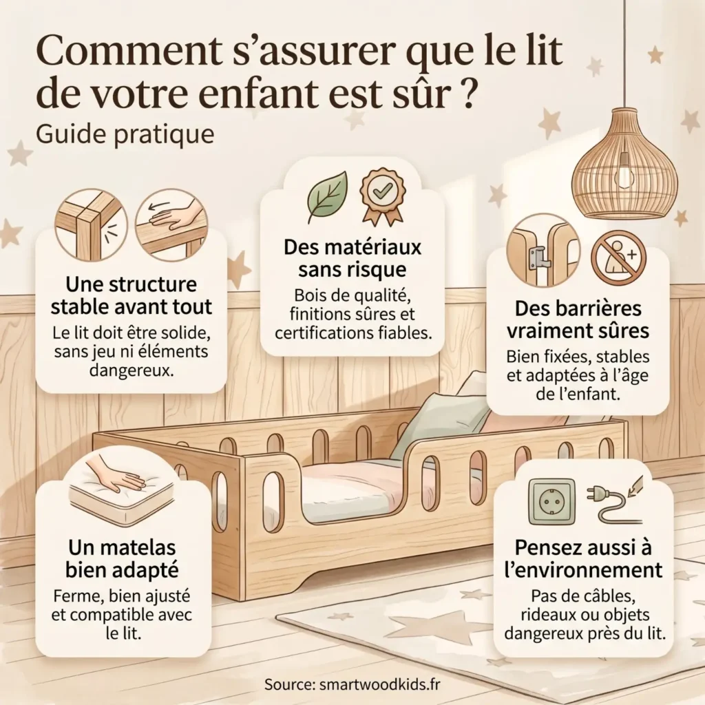 Infographie guide pratique pour s'assurer que le lit enfant est sûr – structure stable, matériaux sans risque, barrières adaptées, matelas ferme et environnement sécurisé
