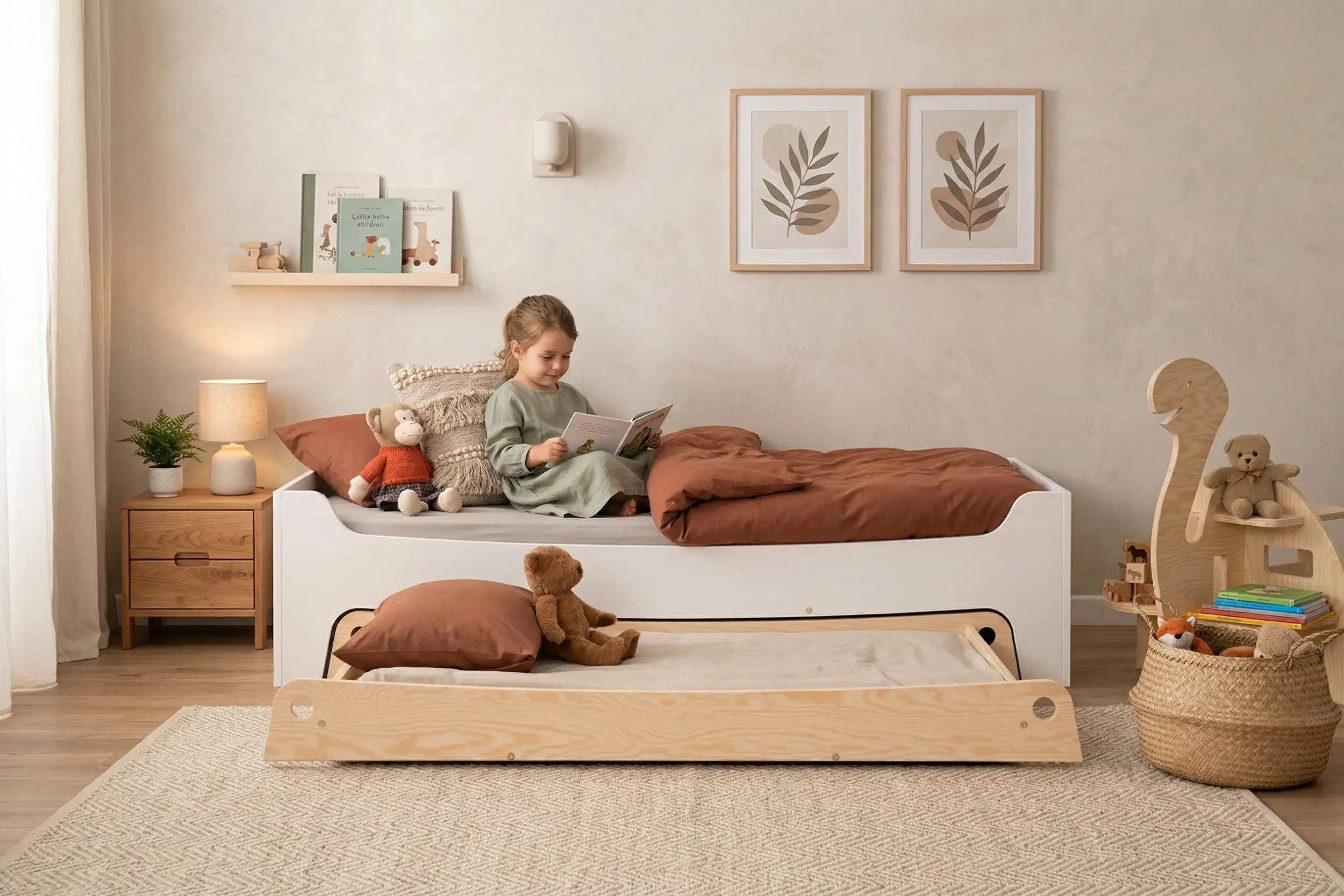 Lit enfant TILA 10 en blanc avec tiroir extractible – petite fille lisant un livre dans une chambre d'enfant cosy