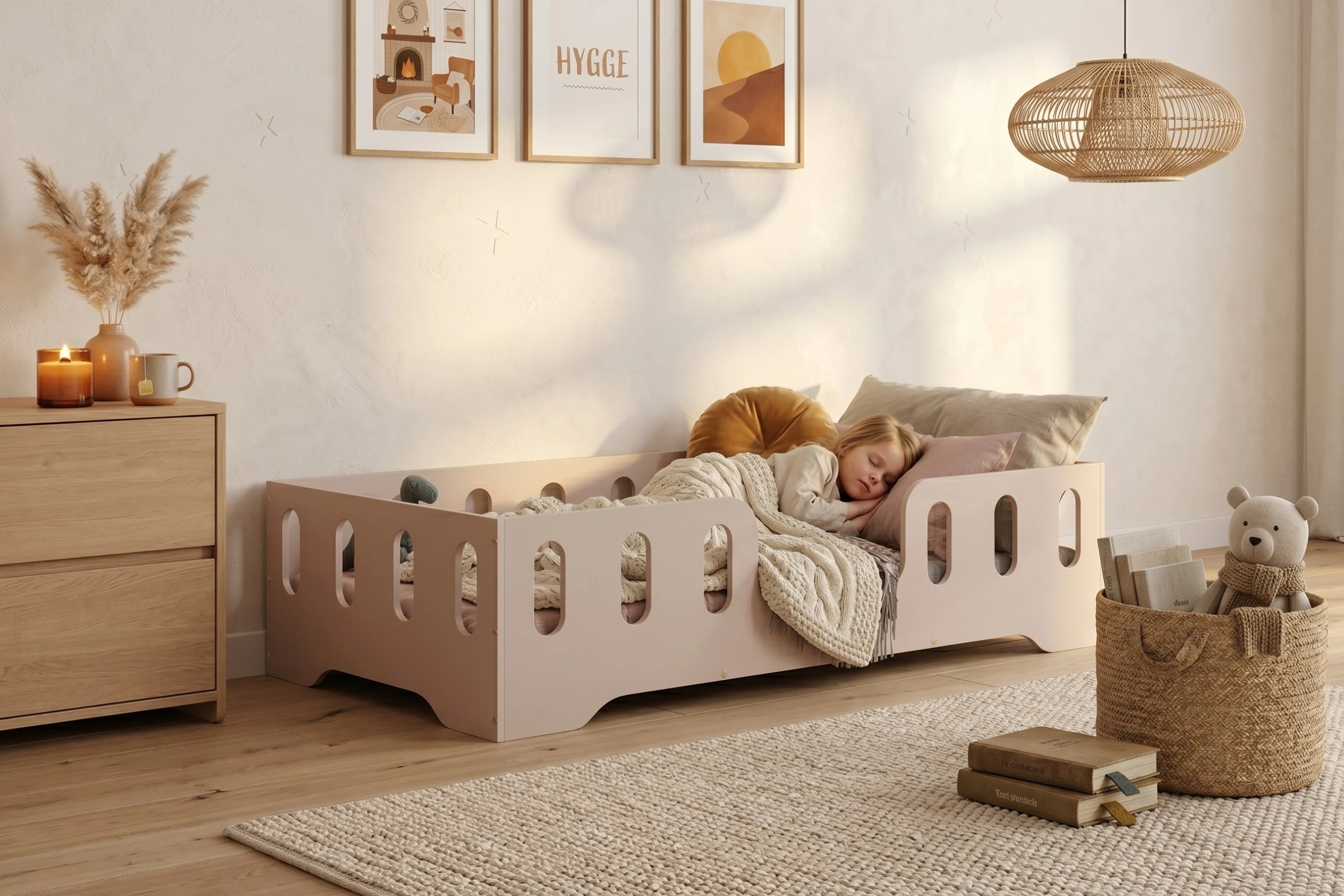 Lit enfant Smartwood TILA 2 en bois rose poudré avec barrières dans une chambre style hygge - petite fille endormie, ambiance chaleureuse et cocooning.