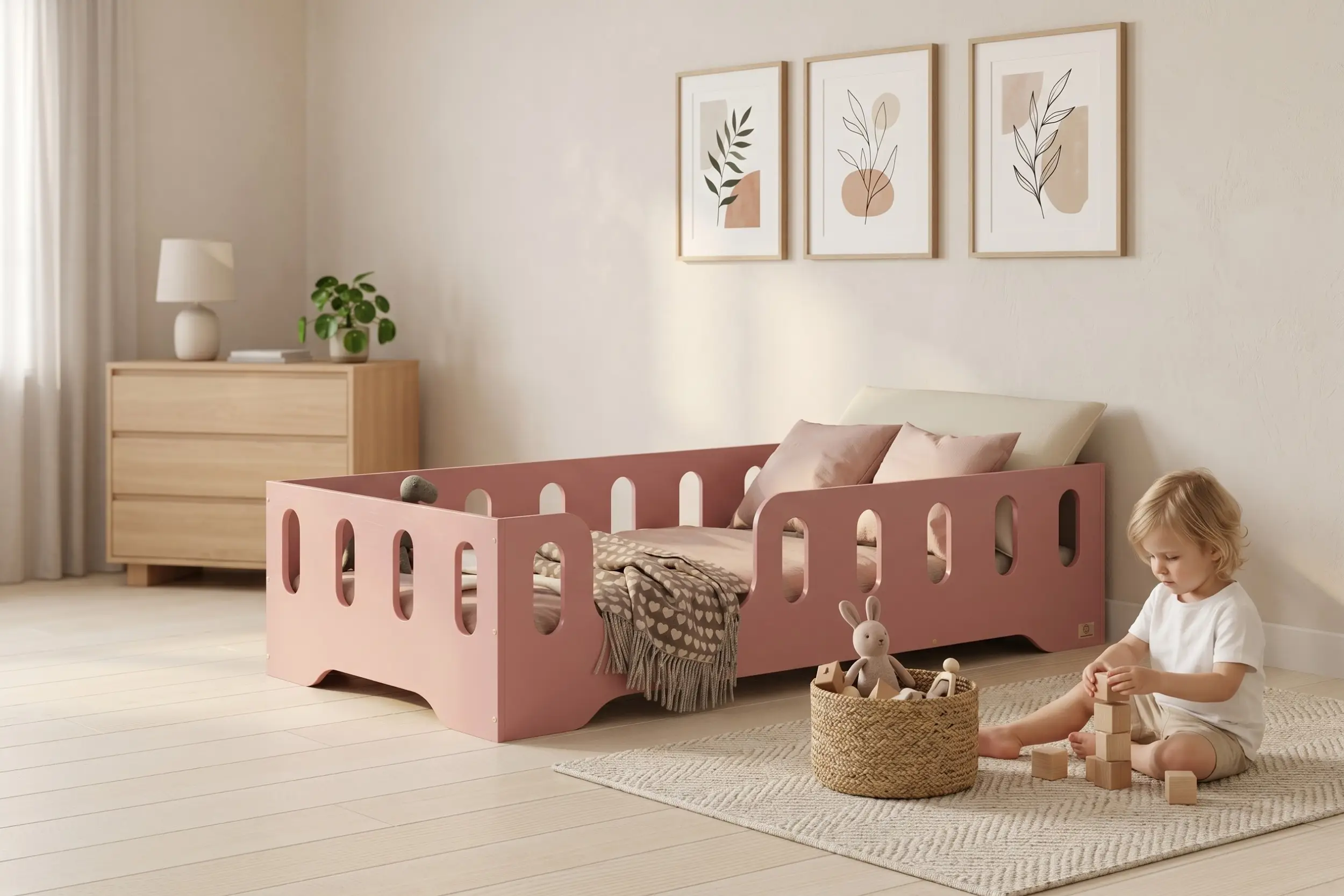 Lit enfant Smartwood TILA 2 en bois rose avec barrières dans une chambre vintage lumineuse - enfant jouant avec des cubes en bois à côté du lit.