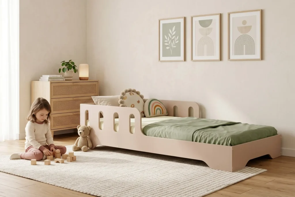 Lit enfant Smartwood TILA 6 en bois rose poudré coloris cachemire avec barrières - petite fille jouant avec des cubes en bois à côté du lit.
