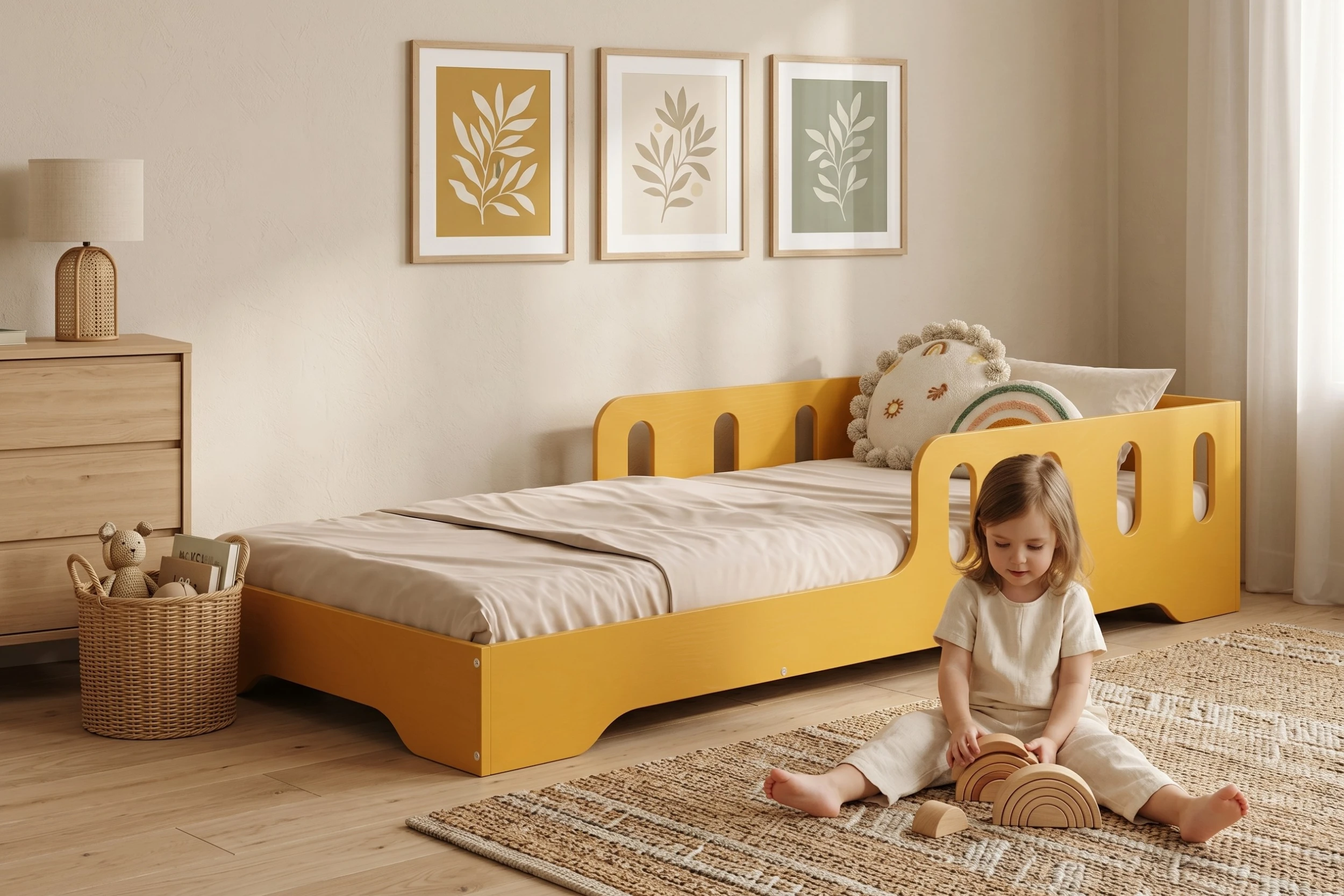 Lit enfant Smartwood TILA 6 en bois jaune avec barrières de sécurité dans une chambre lumineuse - petite fille jouant avec un arc-en-ciel Montessori à côté du lit, solution ergonomique favorisant une bonne posture et une colonne vertébrale saine.