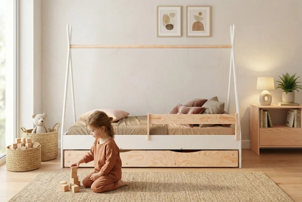 Chambre enfant avec un lit tipi TIPI D avec tiroir en bois naturel et blanc - petite fille jouant avec des blocs en bois à côté de son lit cabane