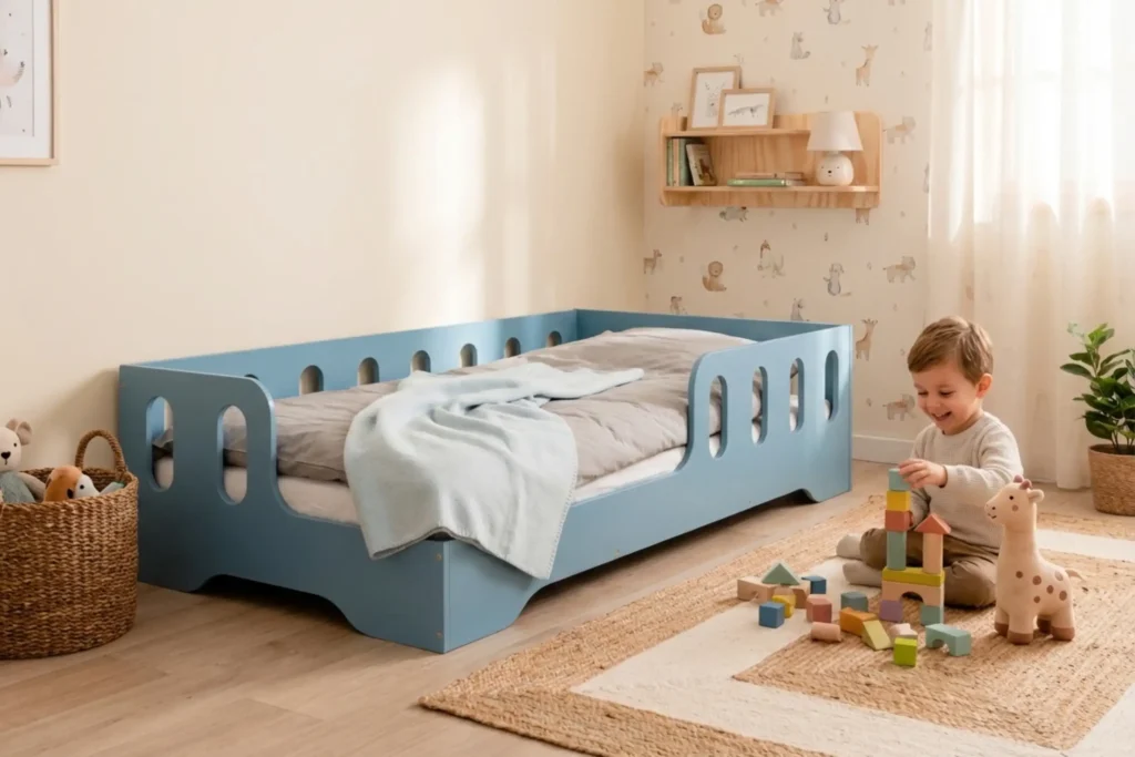 Chambre enfant avec un lit Montessori TILA 1 bleu avec barrière – garçon jouant avec des blocs colorés à côté de son lit sécurisé