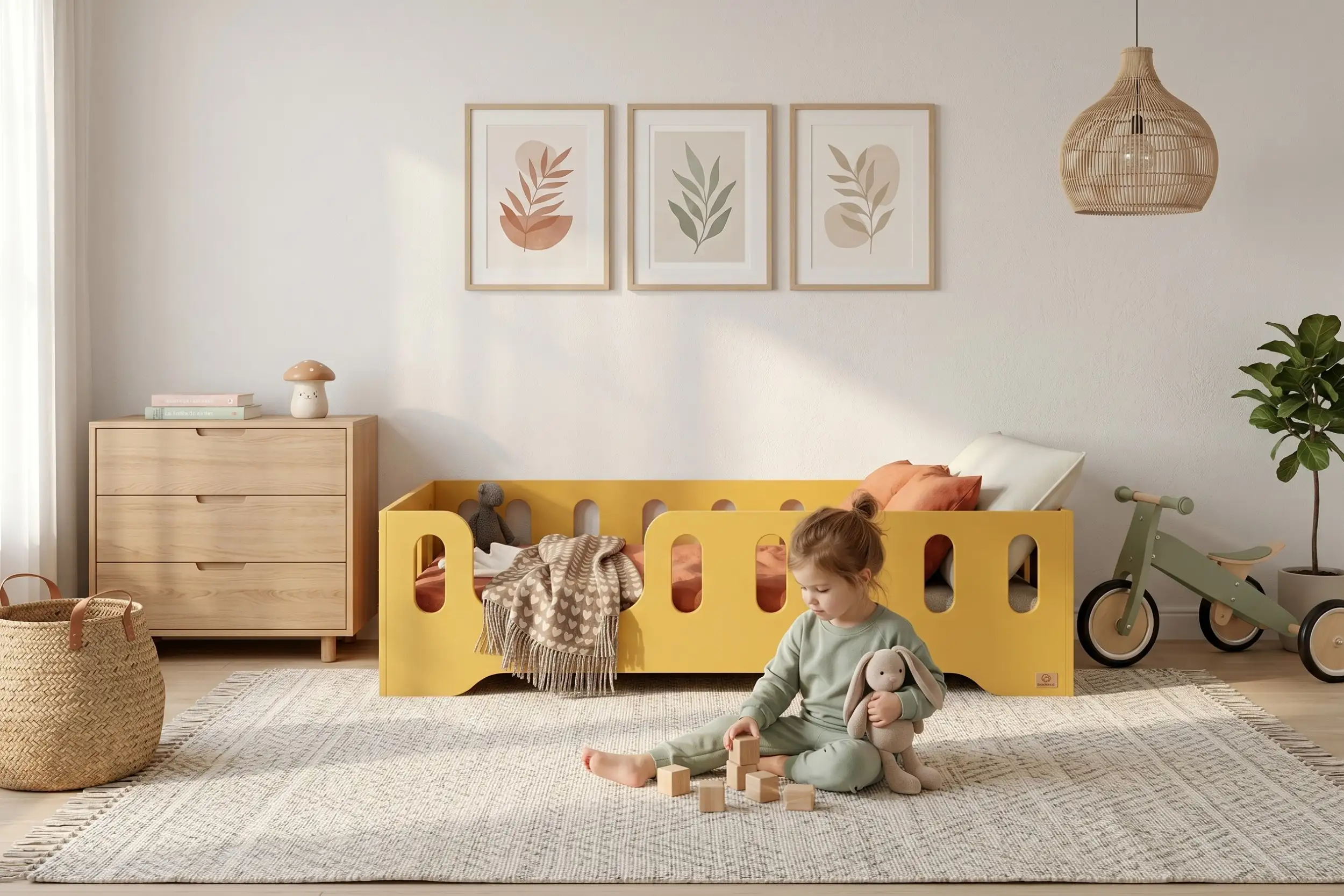 Chambre enfant avec un lit Montessori TILA 2 jaune avec barrière - petite fille jouant avec un doudou et des blocs en bois à côté de son lit sécurisé