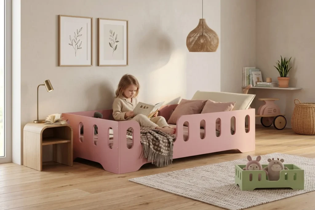 Chambre enfant avec un lit Montessori TILA 2 rose - petite fille lisant un livre dans son lit, à côté d'un lit miniature MINI TILA pour poupées