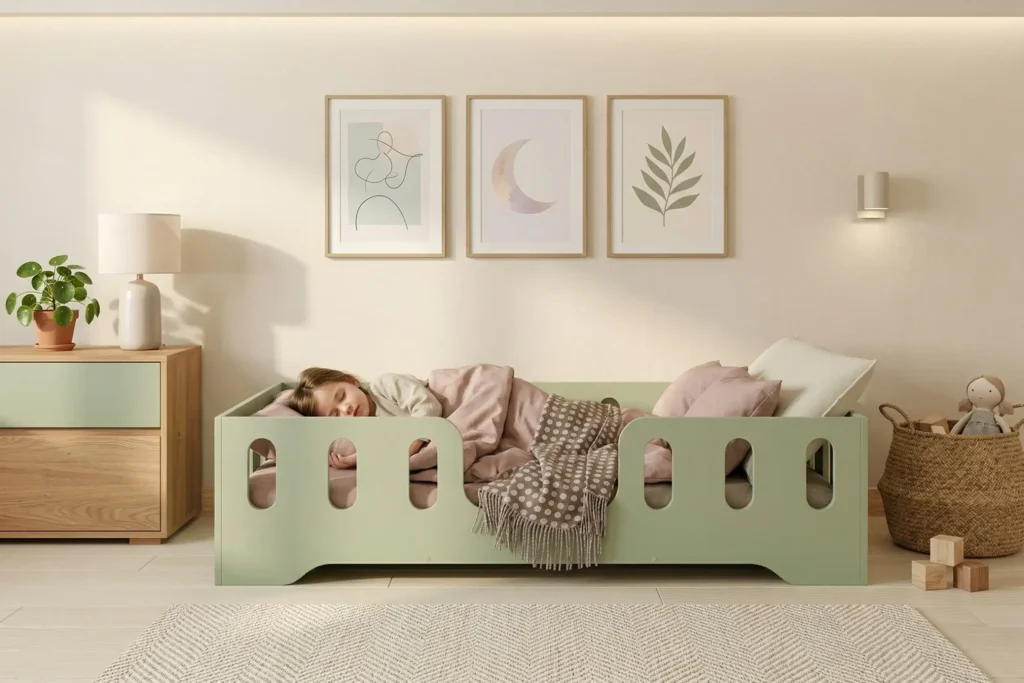 Chambre enfant avec un lit Montessori TILA 2 vert avec barrière – petite fille dormant paisiblement dans son lit sécurisé