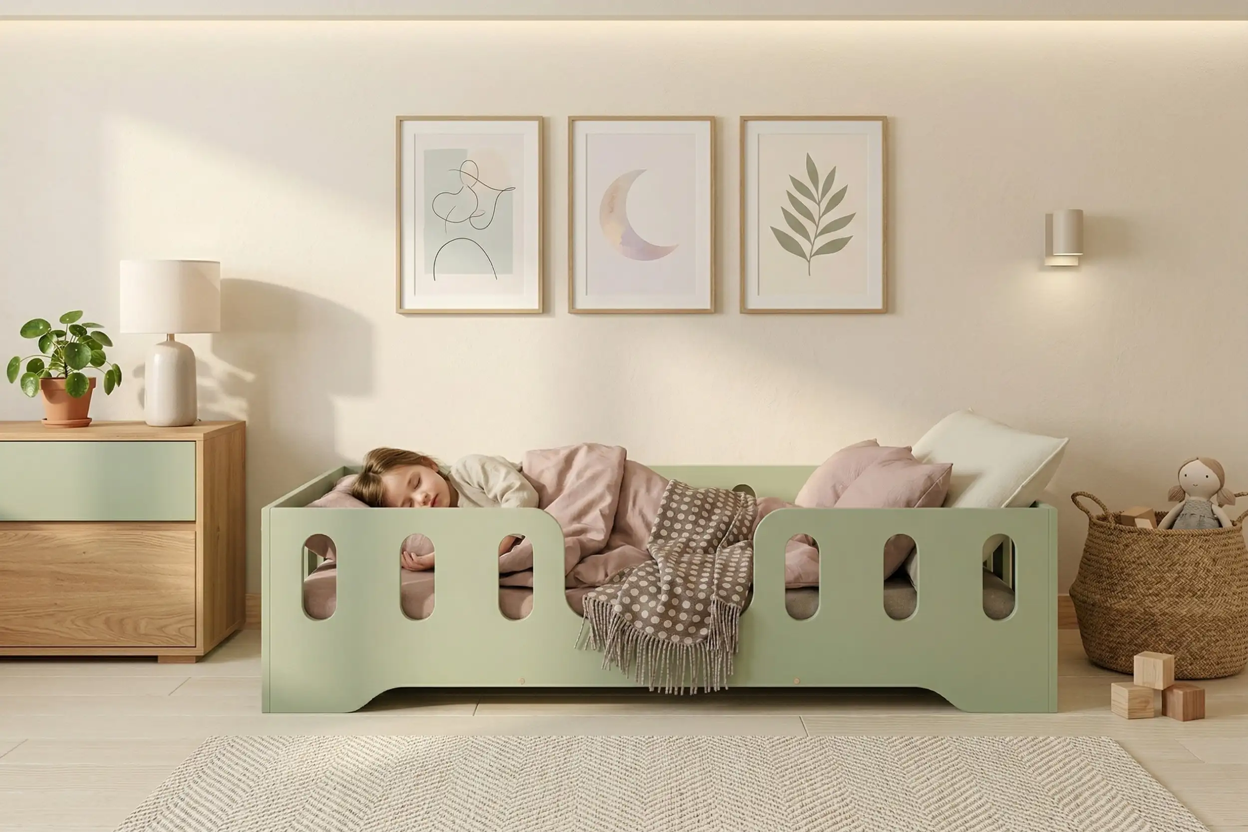 Chambre enfant avec un lit Montessori TILA 2 vert avec barrière – petite fille dormant paisiblement dans son lit sécurisé