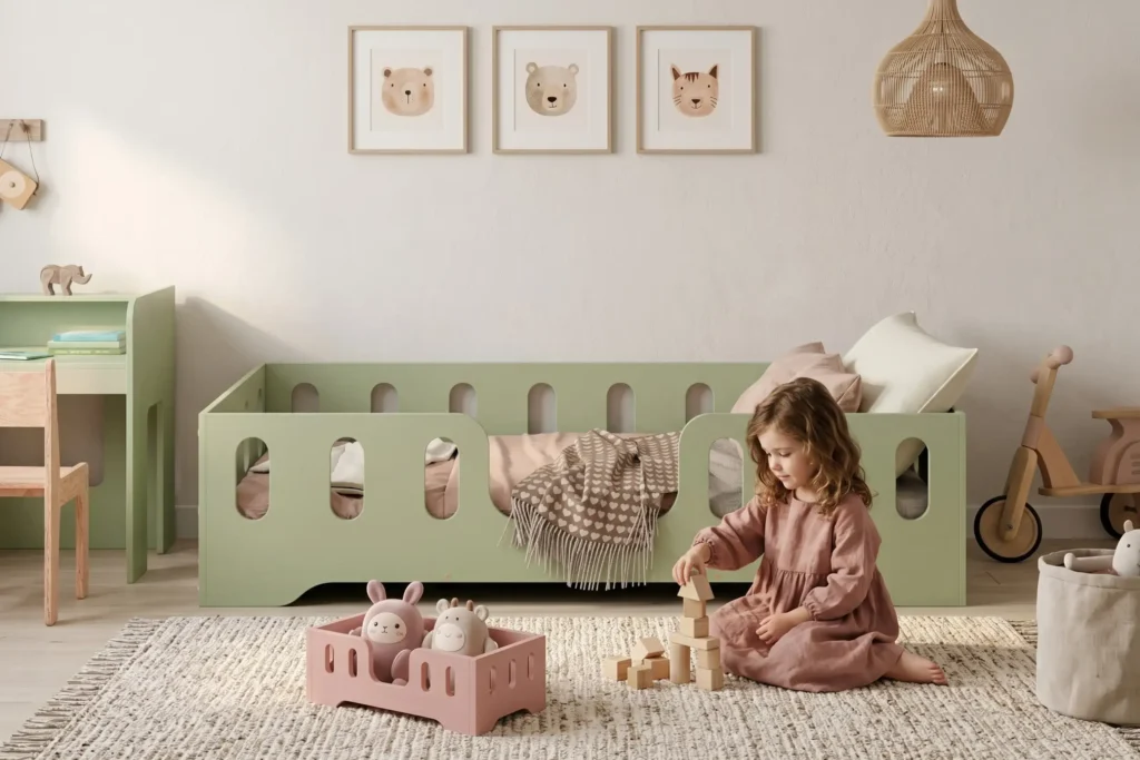 Chambre enfant avec un lit Montessori TILA 2 vert sans barreaux – petite fille jouant avec des blocs à côté d'un lit miniature MINI TILA pour ses peluches