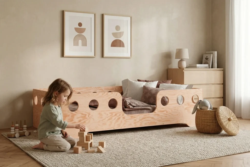 Chambre enfant avec un lit Montessori TILA 4 en bois naturel – petite fille jouant avec des blocs en bois à côté de son lit sécurisé avec barrière