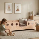 Chambre enfant avec un lit Montessori TILA 4 en bois naturel – petite fille jouant avec des blocs en bois à côté de son lit sécurisé avec barrière