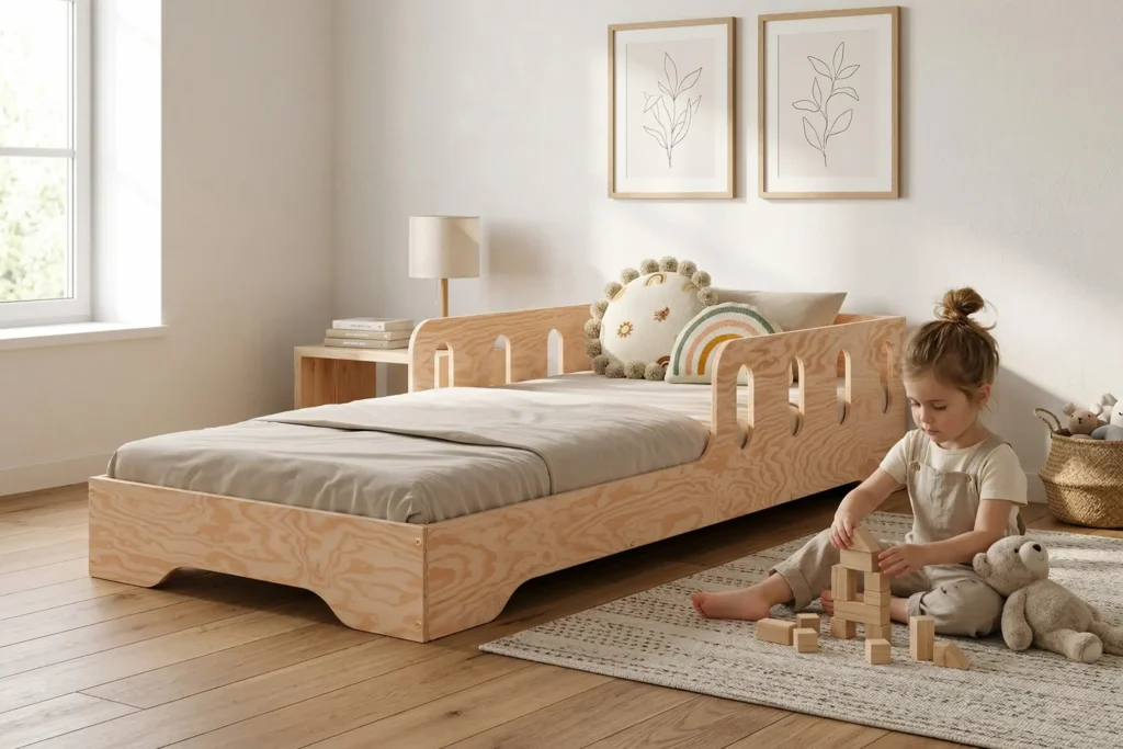 Chambre enfant avec un lit Montessori TILA 6 en bois naturel avec barrière – petite fille jouant avec des blocs en bois à côté de son lit
