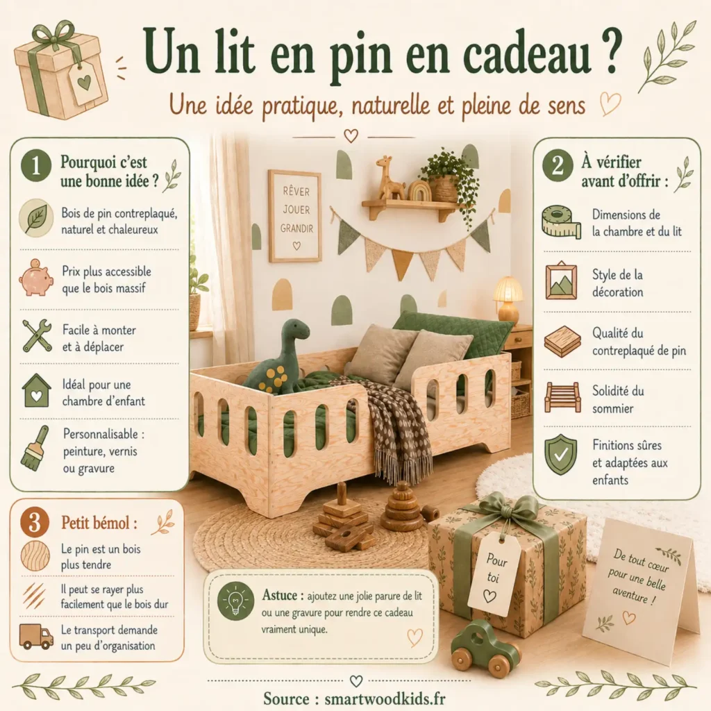 Infographie Smartwood - un lit en pin en cadeau : avantages, points à vérifier avant d'offrir et idée pratique pour une chambre d'enfant.