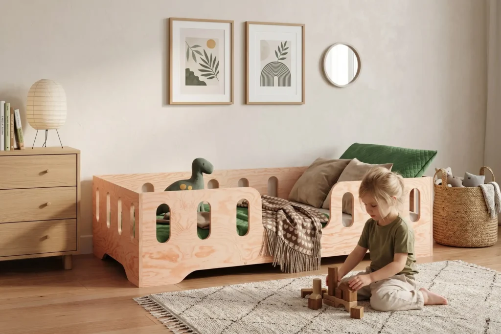 Lit enfant Smartwood TILA 2 en bois de pin avec barrières dans une chambre lumineuse - petite fille jouant avec des cubes en bois à côté du lit.