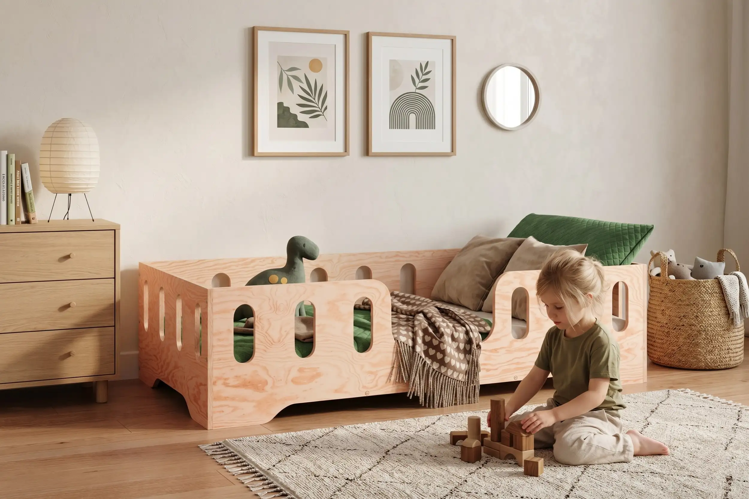 Lit enfant Smartwood TILA 2 en bois de pin avec barrières dans une chambre lumineuse - petite fille jouant avec des cubes en bois à côté du lit.