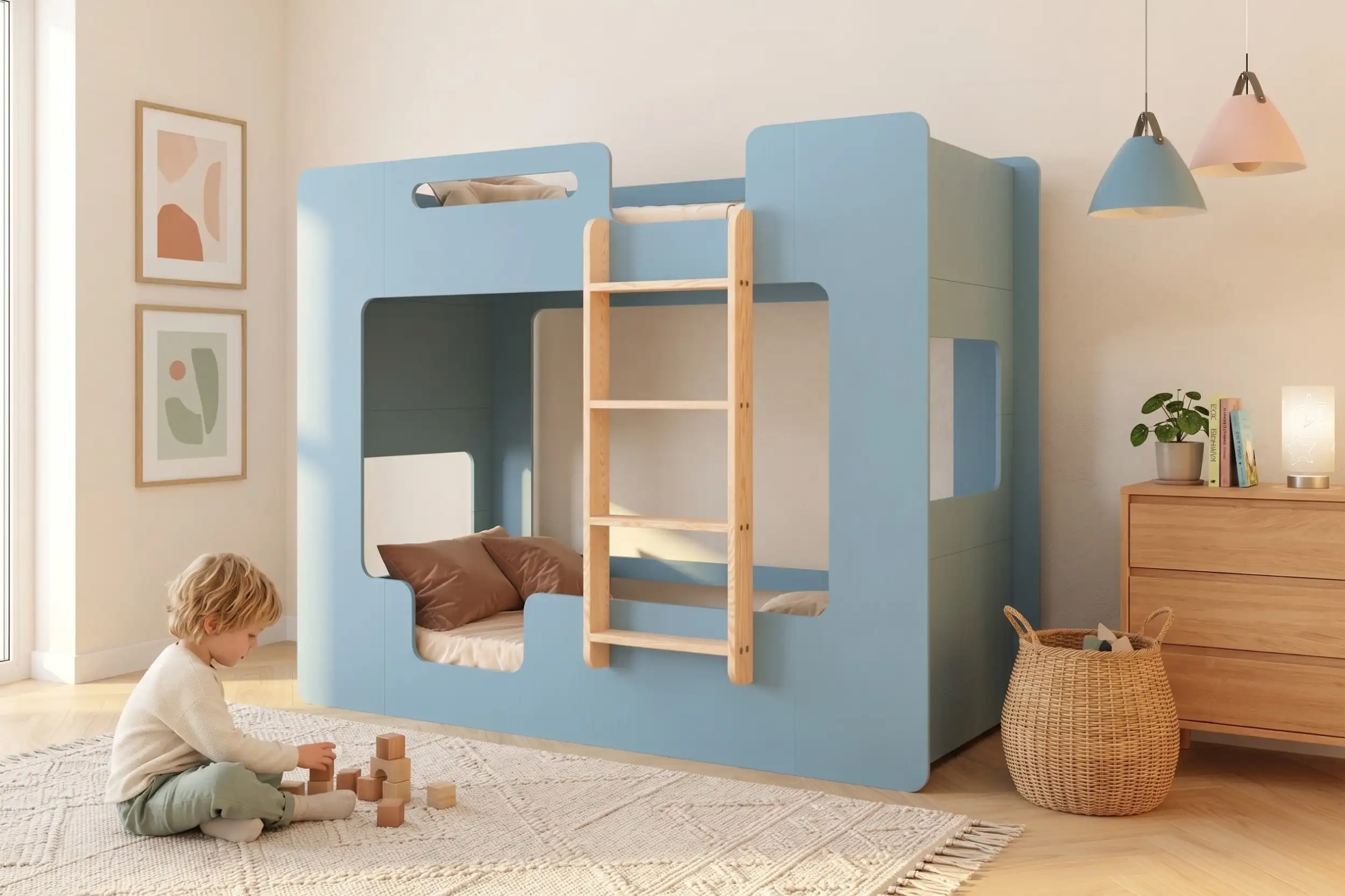 Lit superposé Smartwood MIMI B en bois bleu avec échelle sécurisée dans une chambre d'enfant lumineuse de style scandinave - petit garçon jouant avec des cubes en bois à côté du lit, solution pratique et sûre pour les fratries et les petites chambres.