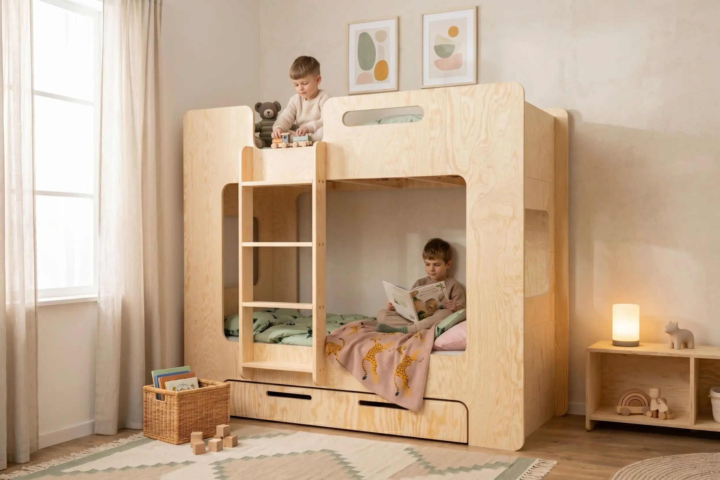 Lit superposé Smartwood MIMI D en bois dans une chambre lumineuse partagée — deux garçons jouent et lisent un livre dans le lit.