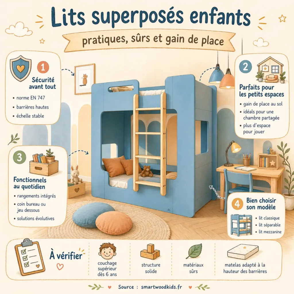 Smartwood-Infografik über Hochbetten für Kinder - praktisch, sicher und platzsparend: stabile Konstruktion, sichere Leiter, hohe Absturzsicherung, Stauraum unter dem Bett sowie wichtige Hinweise zu Normen EN 747-1 und EN 747-2 und einem Mindestabstand von 60 cm zur Decke.