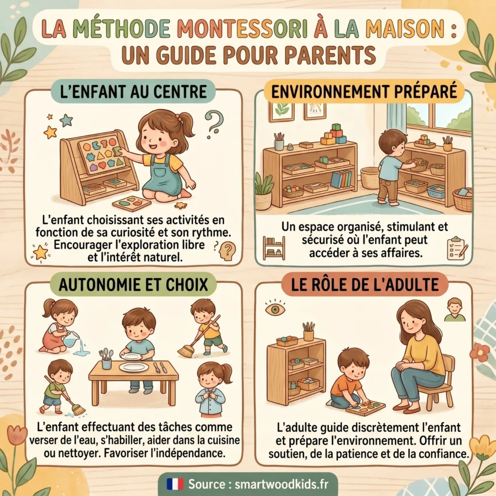 Infographie sur la méthode Montessori à la maison - l'enfant au centre, environnement préparé, autonomie et choix, et le rôle discret de l'adulte comme guide
