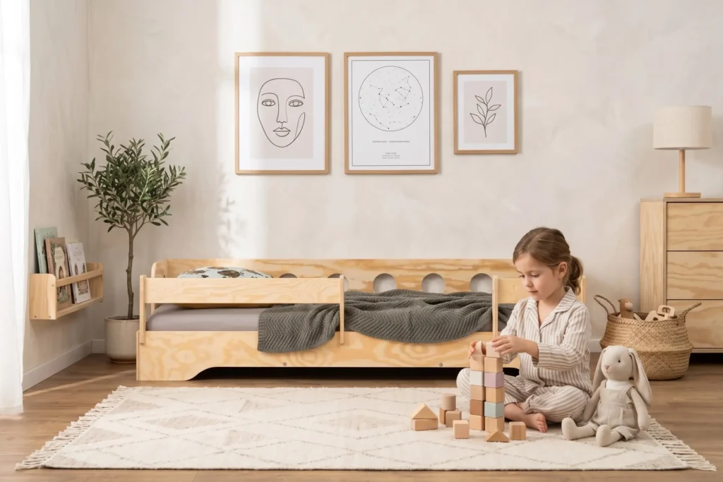 Chambre enfant avec un lit Montessori TILA 5S avec barrière en bois naturel – petite fille construisant une tour de blocs à côté de son lit sécurisé en contreplaqué de pin