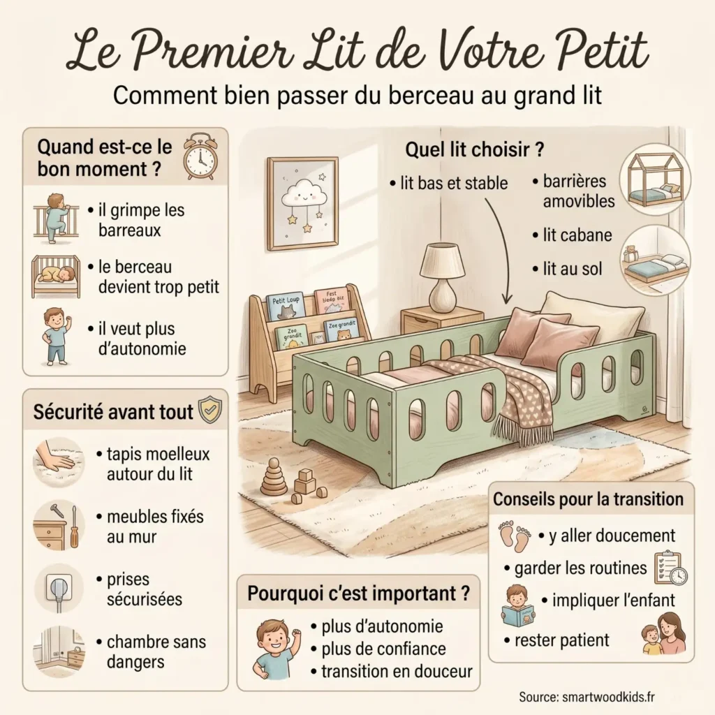 Infographie sur le premier lit de votre petit – passage du berceau au grand lit, choix du lit bas et stable, sécurité de la chambre et conseils pour une transition douce
