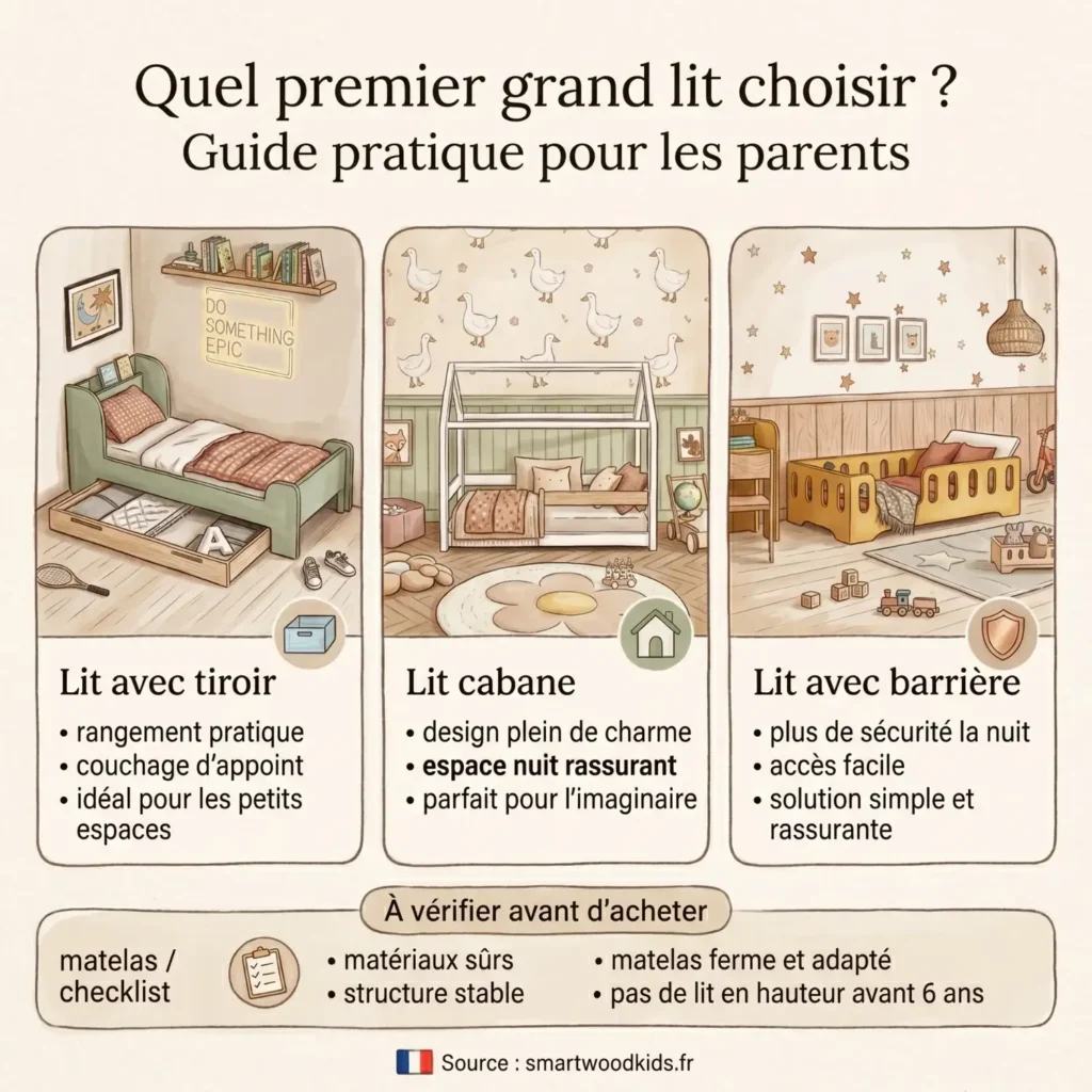 Infographie Smartwood - guide pratique pour les parents : quel premier grand lit choisir pour son enfant, avec comparatif du lit avec tiroir, lit cabane et lit avec barrière ainsi qu'une checklist des critères de sécurité avant achat.