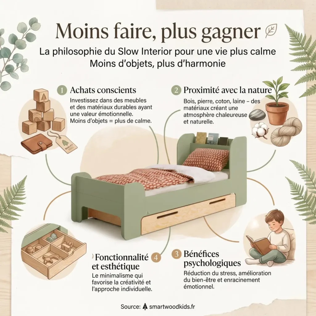 Infographie sur la philosophie du Slow Interior dans la chambre enfant – achats conscients, proximité avec la nature, bénéfices psychologiques et minimalisme fonctionnel