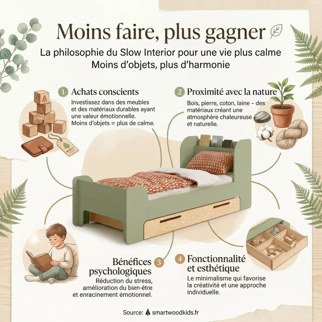 Infographie sur la philosophie du Slow Interior dans la chambre enfant – achats conscients, proximité avec la nature, bénéfices psychologiques et minimalisme fonctionnel
