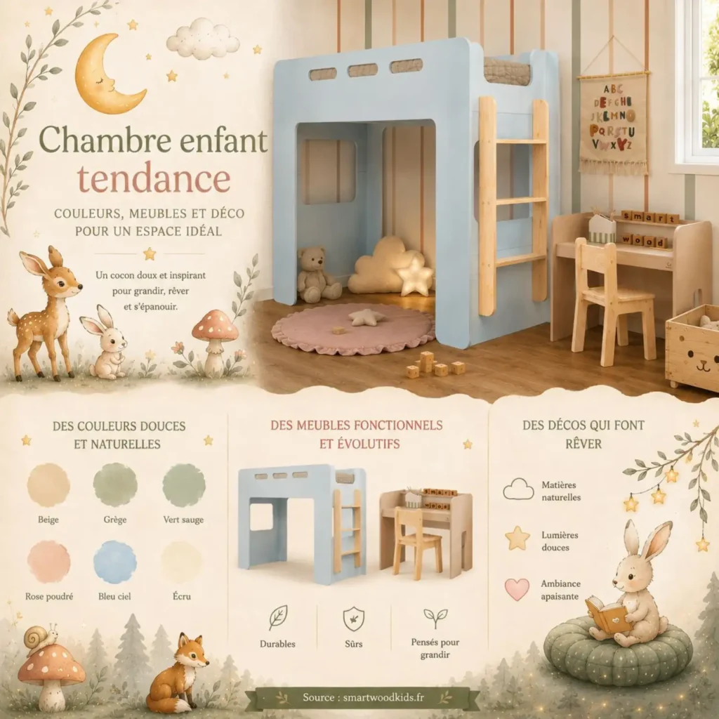 Infographie Smartwood - chambre enfant tendance 2026 : couleurs douces et naturelles, meubles fonctionnels évolutifs et décos qui font rêver.