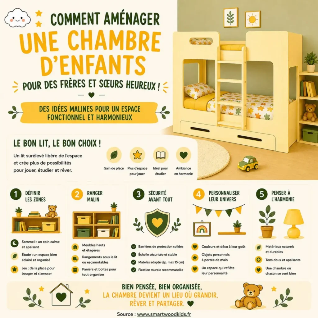 Infographie : idées malines pour aménager une chambre fonctionnelle et harmonieuse partagée par frères et sœurs. smartwoodkids.fr
