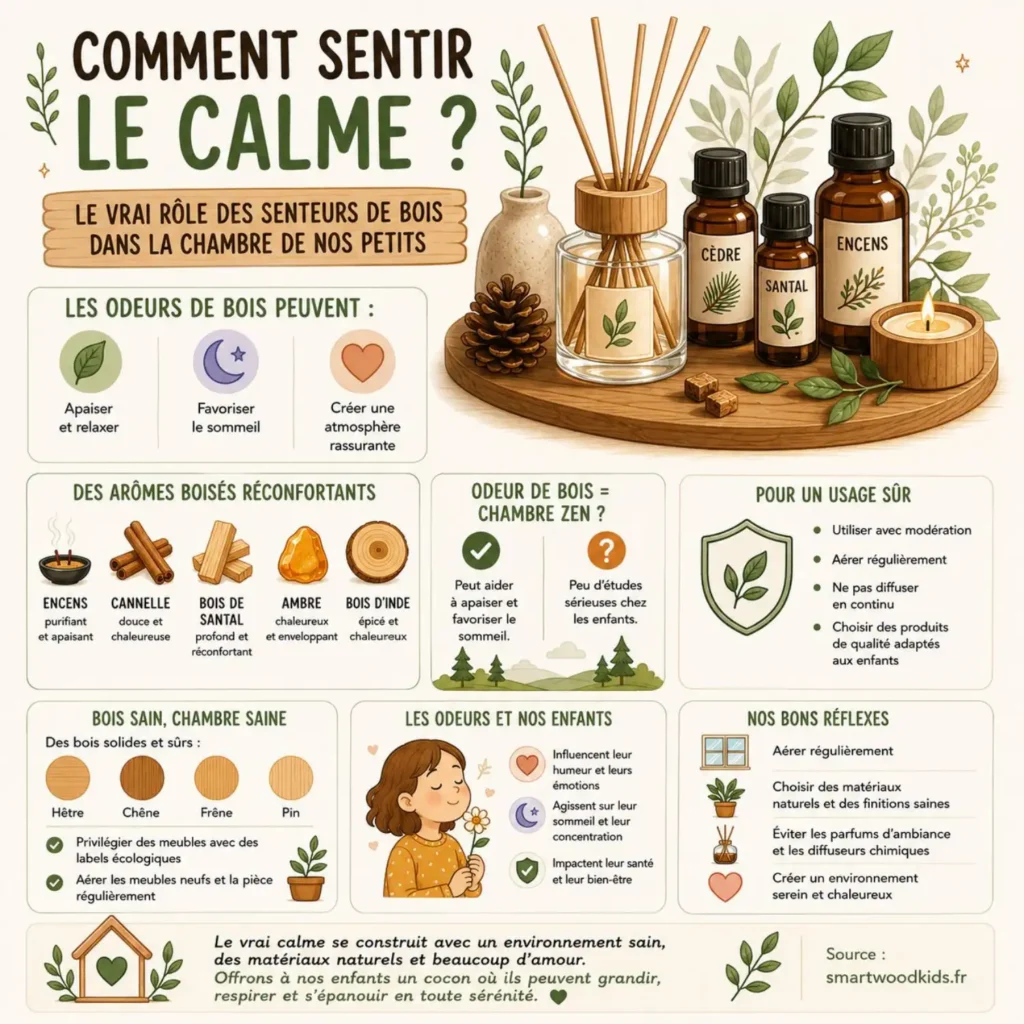  Infographie : comment sentir le calme - le rôle des senteurs de bois dans la chambre des enfants, sommeil, sérénité et bien-être.