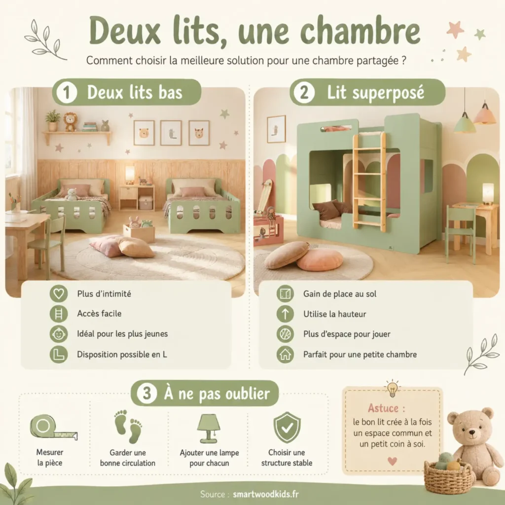 Infographie Smartwood - deux lits, une chambre : comparatif entre deux lits bas et lit superposé pour bien choisir la solution adaptée à une chambre partagée.
