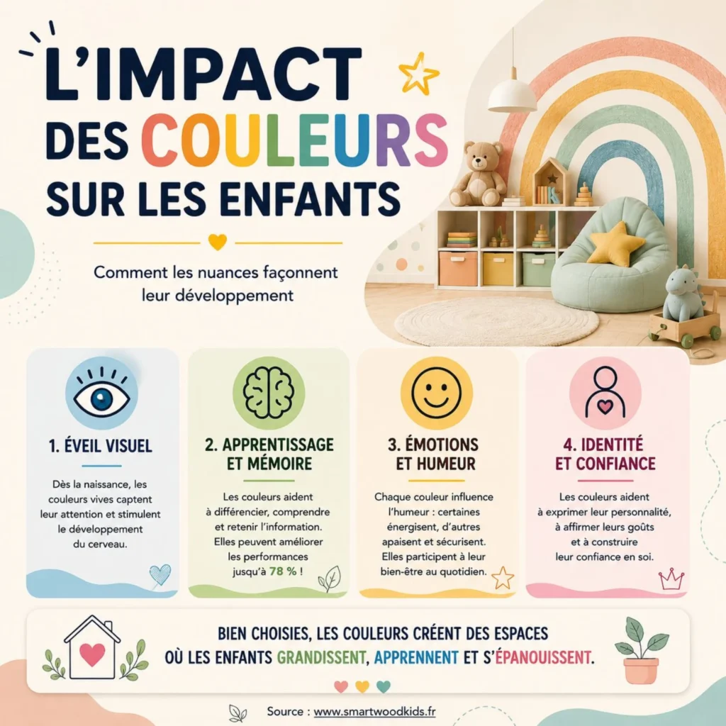 Infographie : comment les couleurs façonnent l'éveil visuel, l'apprentissage, les émotions et la confiance des enfants au quotidien. smartwoodkids.fr