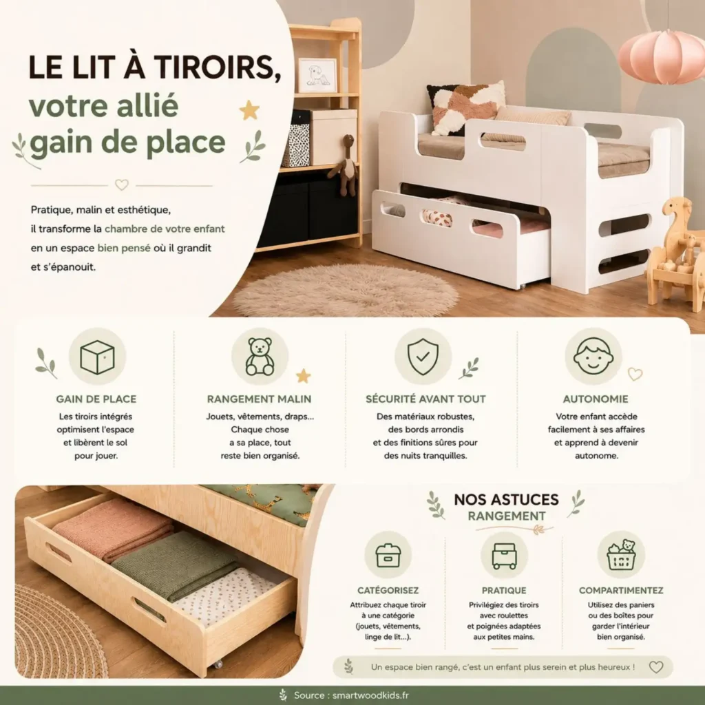 
Infographie Smartwood - le lit à tiroirs, allié gain de place : rangement malin, sécurité et astuces d'aménagement pour la chambre d'enfant.