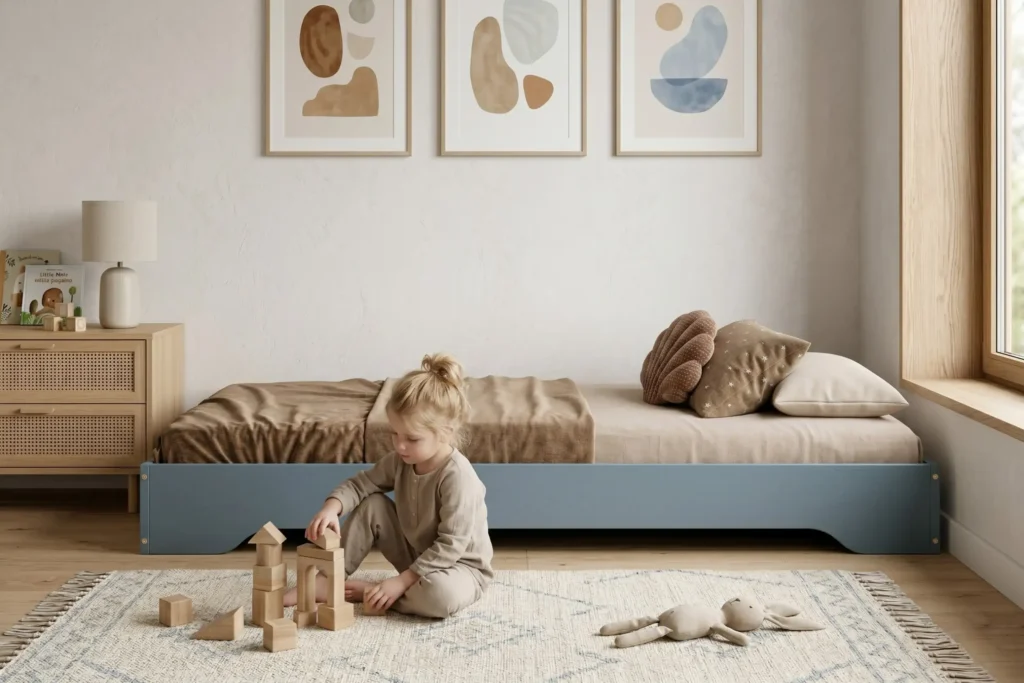 Lit au sol Smartwood TILA 7 en bois bleu de style Montessori — petite fille jouant avec des cubes en bois à côté du lit.