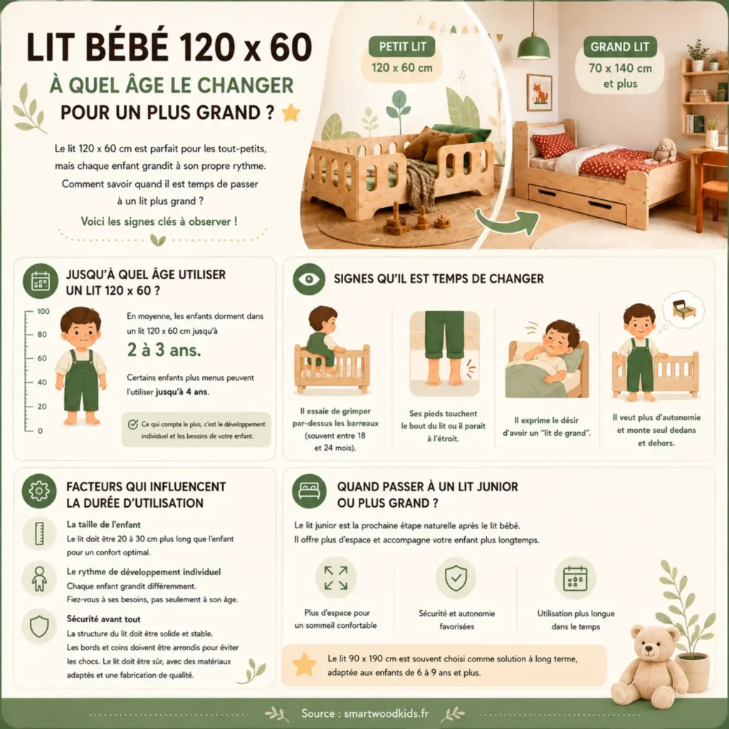 Infographie Smartwood - lit bébé 120x60 : jusqu'à quel âge l'utiliser, signes qu'il est temps de changer et options de lit plus grand.